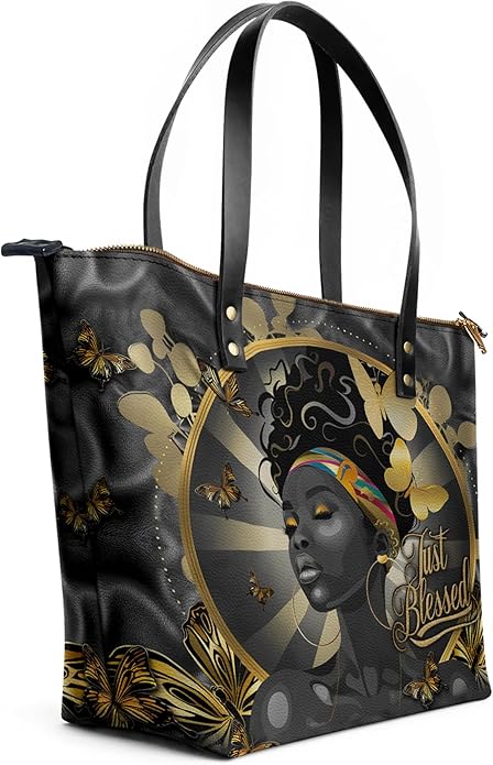 Afroyla African Black Women's Leather Tote Bag, Large Size, Premium Leather, Perfect Presents For Women (Barakaya, Premium Vegan Leather)