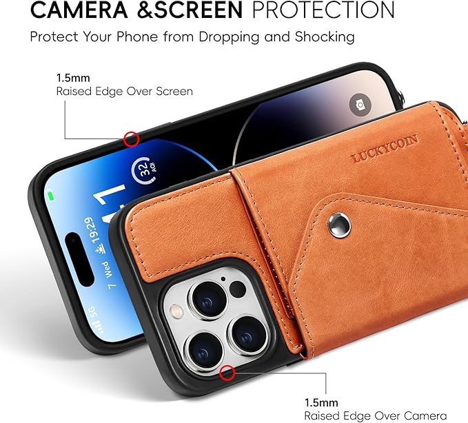 LUCKYCOIN Crossbody Phone Case for iPhone 14 Pro,100% Genuine Leather Phone Wallet Case for Women, Premium Hands-Free Phone Purse with Expandable Flip Card Holder & Adjustable Strap - Retro Brown