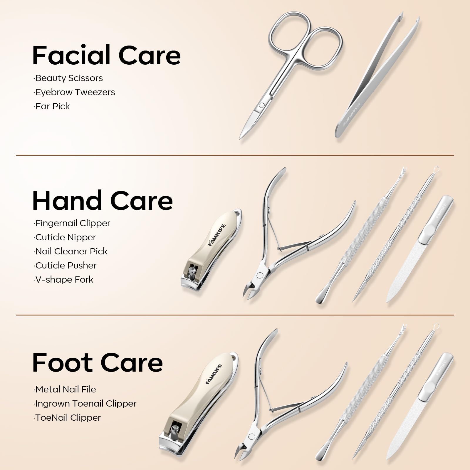 FAMILIFE Manicure Set, Nail Clippers Pedicure Tool, 8 pcs Stainless Steel Manicure Kit Professional Grooming Tool, Nail Kit with Portable Brown Leather Travel Case Luxury Gifts for Men Women