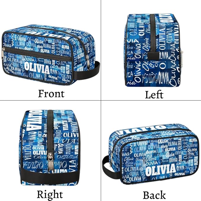 KFNHN Custom Name Makeup Bag Travel Toiletry Bag, Blue Geometric Pattern