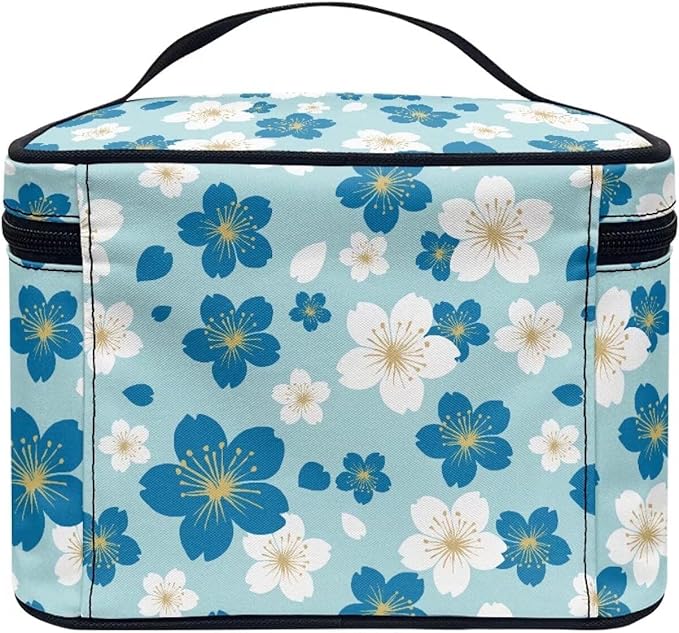 Drydeepin Blue White Cherry Blossom Pattern Travel Makeup Bags for Women Portable Tote Cosmetic Case with Carry Handle Daisy Floral Toiletry Accessories Storage Organizer Bags
