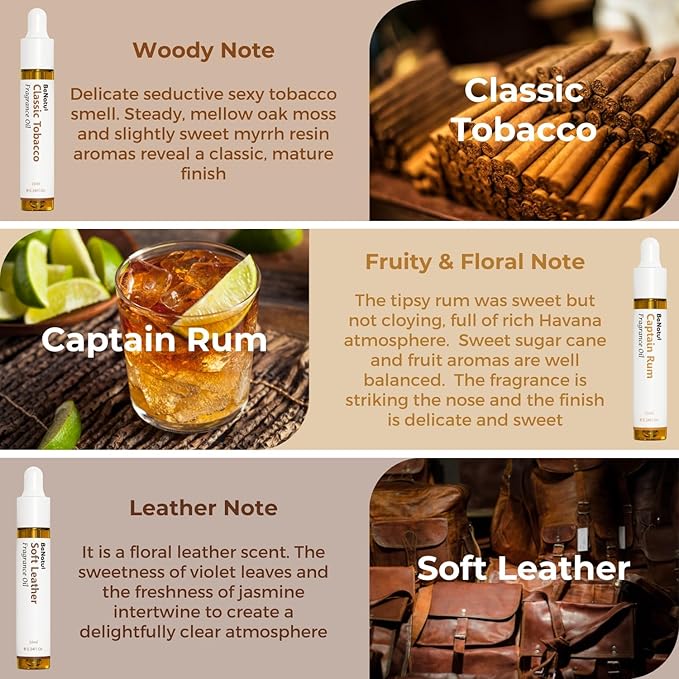 Benatu Gentleman Premium Fragrance Oils Set for Diffuser - Men Scents Perfume Oil Gift for Home (Classic Tobacco, Captain Rum, Soft Leather, Oud Concerto, Spicy Cinnamon, Oak Cologne) 6 Pcs