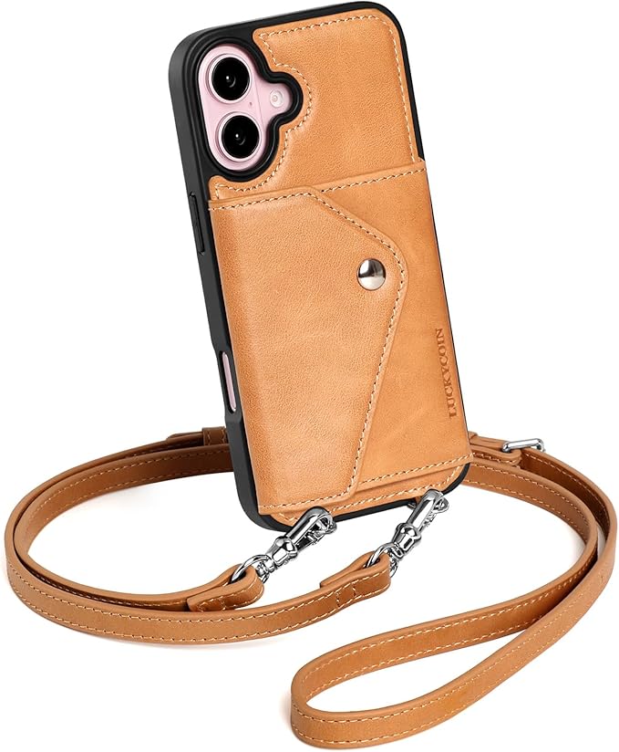 LUCKYCOIN Crossbody Phone Case for iPhone 16,100% Genuine Leather Phone Wallet Case for Women, Fashion Premium Hands-Free Phone Purse with Expandable Flip Card Holder & Adjustable Strap - Retro Tan