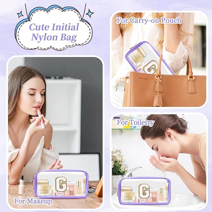 Small Clear Personalized Initial Makeup Bag,Nylon Preppy A-Z Chenille Letter Patch Cosmetic Pouch Beach Toiletry Bag,Waterproof Zip Travel Purse Storage Bag Organizer for Women Girls(Purple-White G)