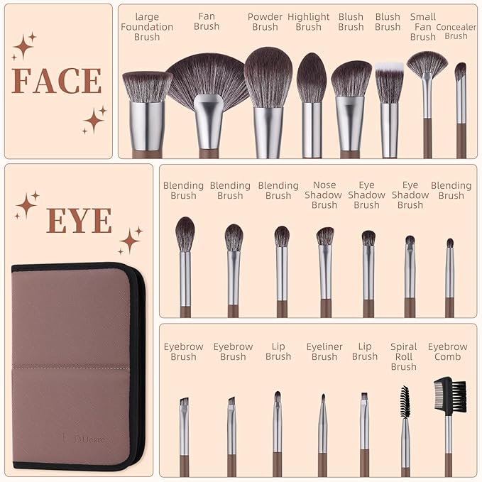 DUcare 22Pcs Makeup Brush Set PRO Makeup Brushes Professional with Bag Premium Synthetic Kabuki Foundation Blending Brush Face Powder Blush Concealers Eye Shadows