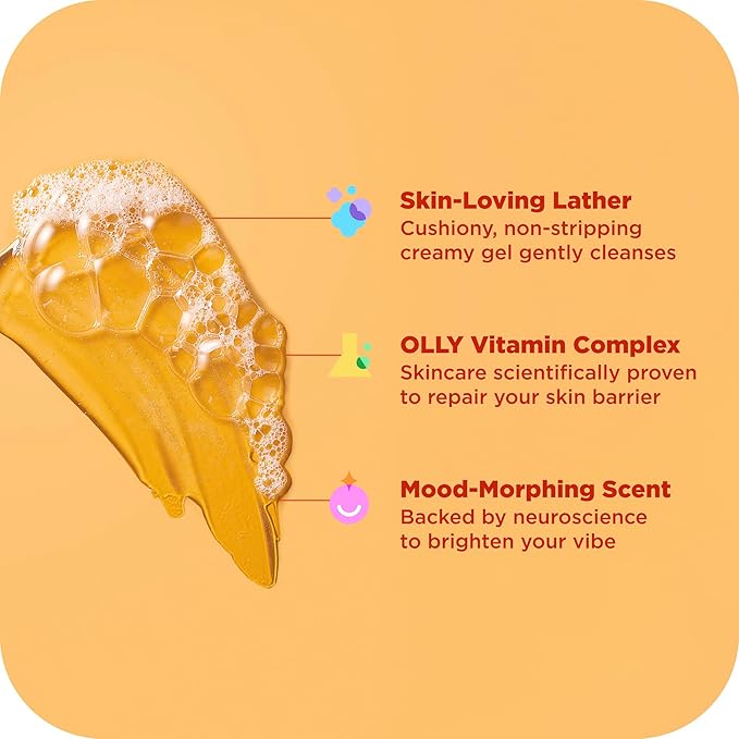 OLLY Bright Body Wash with Ginseng, Caffeine & Vitamin C– Nourishing Cleanser for Skin Barrier Repair, Deep Hydration, Juicy Citrus Currant Scent, 17 oz