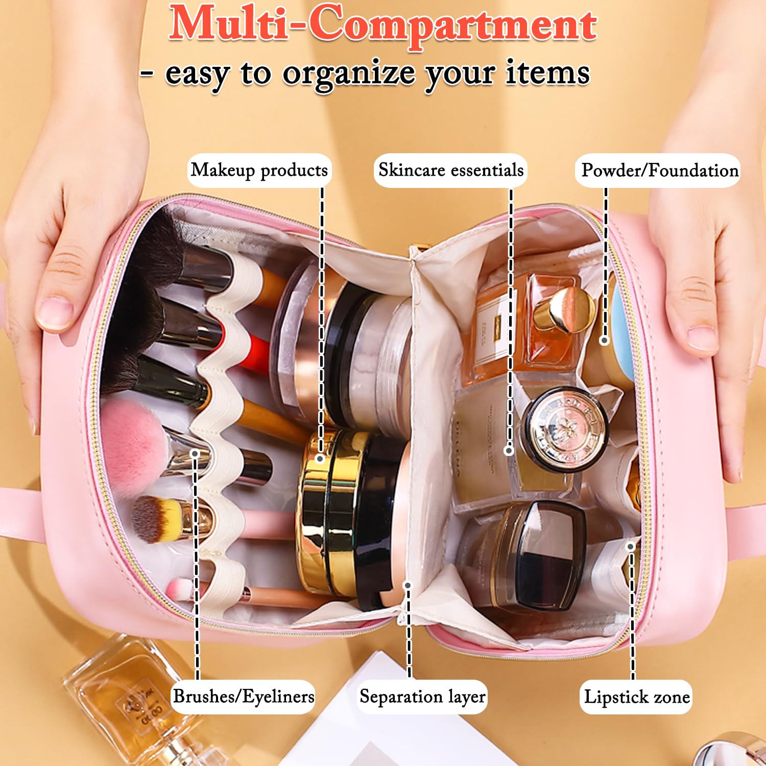 Fammart Travel Makeup Bag, Large Flat-Open Cosmetic Bag Make Up Organizer Case for Women, Waterproof PU Leather Toiletry Bag with Brush Compartment Skincare Pouch for Toiletries Accessories