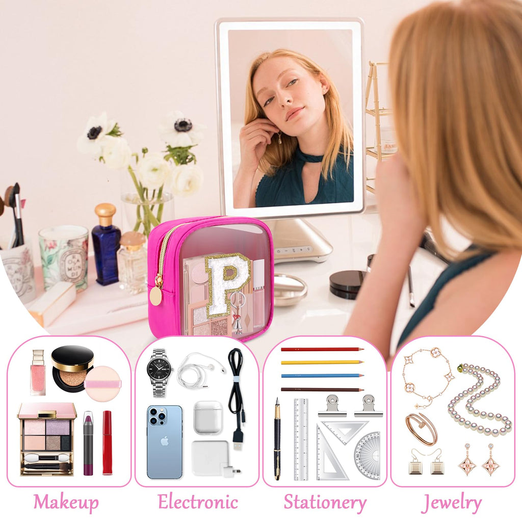 Personalized Initial Letter Clear Preppy Makeup Bag,Mini Nylon Chenille Letter Cosmetic Bag Cute Zipper Pouch Coin Purse for Teen Girls,Portable TSA Approved Travel Essentials Bag Gift for Women,P