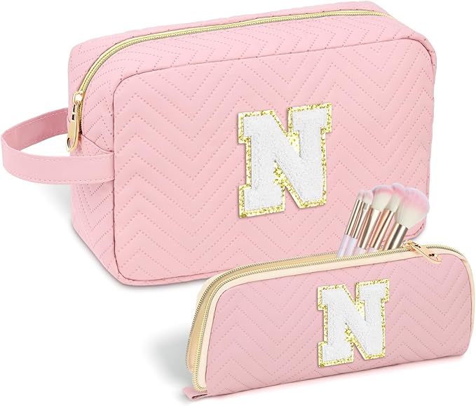Sernaxi Personalized Initial Makeup Bag Waterproof Leather Cosmetic Bag Travel Toiletry Bag, Valentine’s Day Gift Makeup Organizer Case & Makeup Pouch for Women Teen Girls Mom Girlfriend Wife