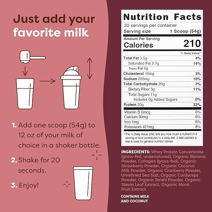 FlavCity All in One Protein Shake Powder, Berries and Cream - On the Go Meal Alternative + Collagen Peptides, Reishi & Cordyceps - Focus, Skin, Hair & Joint Support - 100% Grass Fed Whey, 20 Servings