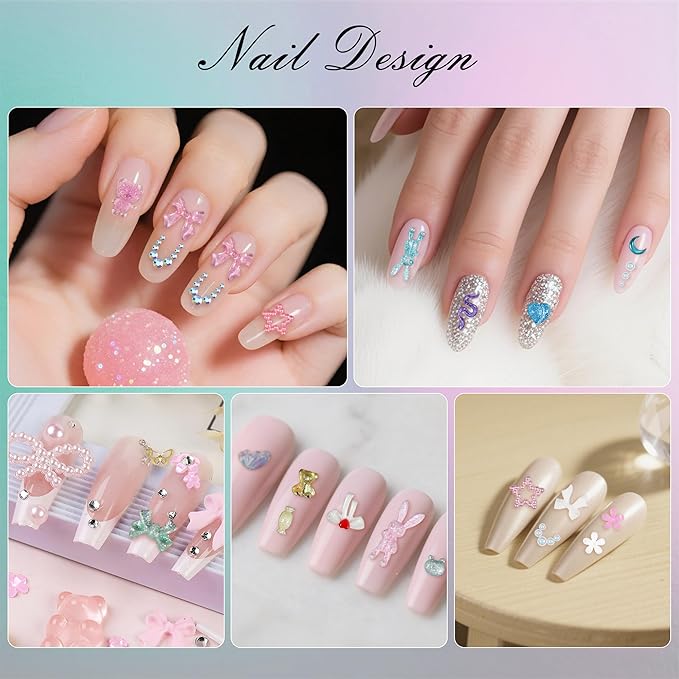 Artdone Nail Art Studs Glitter Kit, 2 Boxes Multicolor 3D Charms Flower Butterfly Snake Rabbit Diamond Cute Nail Jewels for DIY Decoration with Pickup Tools