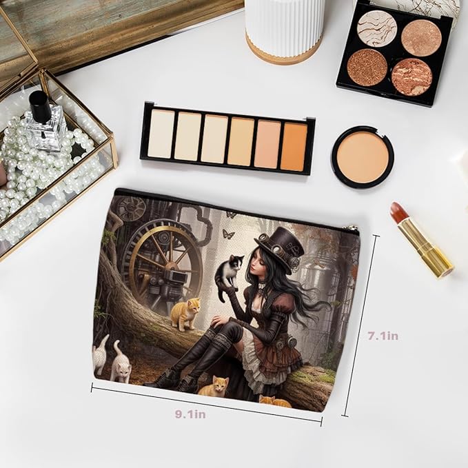 Steampunk Makeup Bag, Cat Lover Travel Makeup Case Cosmetic Bags for Women
