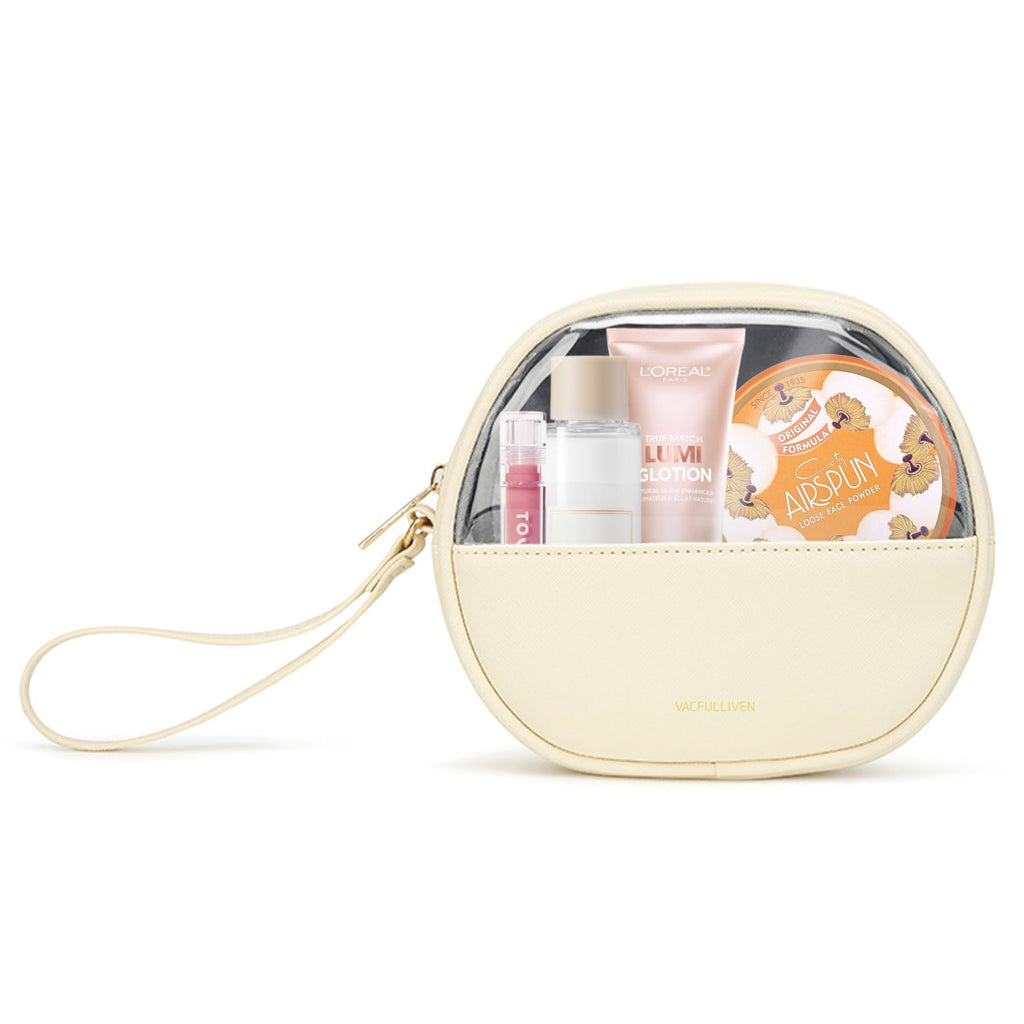 Vacfulliven Clear Makeup Bag for Travel, Mini Waterproof Cosmetic Organizer with Zipper, Portable Transparent Toiletry Bag for Women & Men (6.7x6 Inch) - Fits Makeup, Skincare, Jewelry (White)