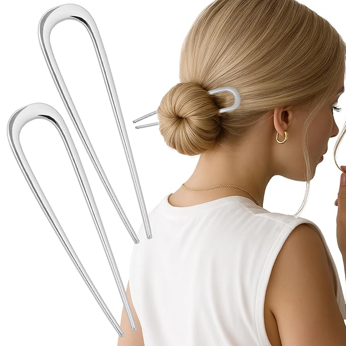 JIRIS 2PCS 5.5Inch French Hair Pins Large U-Shaped Pins for Women and Girls Fashion Metal Hair Pin French Twist Hair Pins for Buns, Updos,Stylish and Functional(set3-silver)