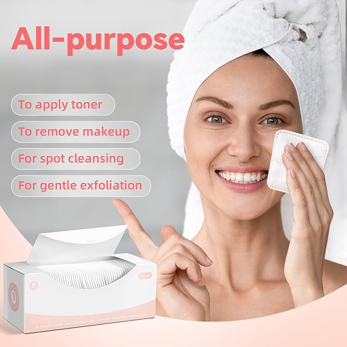 ICOTLE Square Cotton Pads,100% Cotton, Not to Shed or Fall Apart, 60 Count, Unique Triple-Layer Design for Daily Skin Care