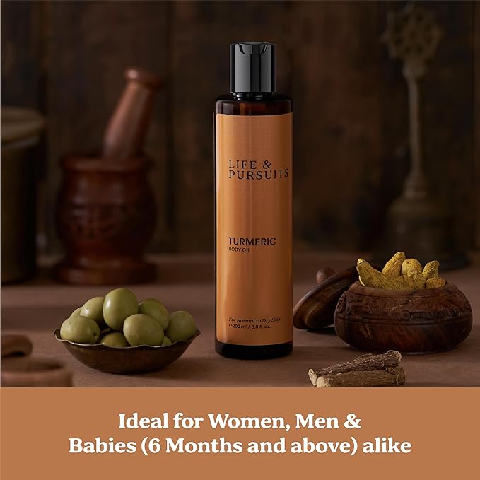Life & Pursuits Turmeric Body Oil 6.8 Fl Oz X 2- Ayurvedic Natural Body Massage Oil with Vitamin E, Coconut Oil, Almond & Squalane| Reduces Dark Spots, Brightens Skin, Hydrates & Moisturizes Dry Skin