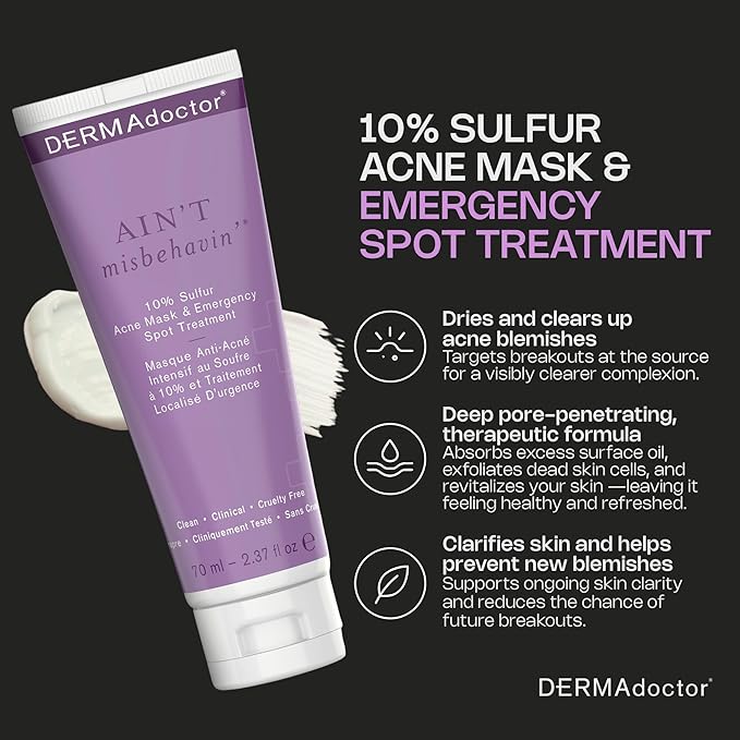DERMAdoctor Ain’t Misbehavin’ 10% Sulfur Acne Mask, Oil-Absorbing Facial Treatment, 2.3 fl oz