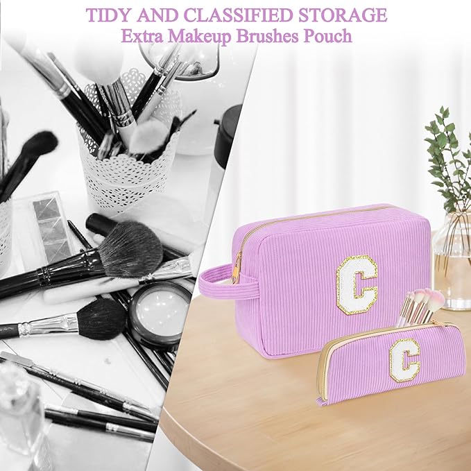 Sernaxi Personalized Initial Makeup Bag Trendy Stuff Corduroy Cosmetic Bag Travel Toiletry Bag, Valentine’s Day Gift Makeup Organizer Case & Makeup Pouch for Women teen Girls Mom Girlfriend Wife
