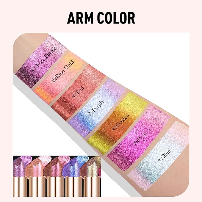 Wugbc Glitter Lipstick Makeup, Rose Gold Holographic Metallic Lip Stick Long Lasting Lightweight Non-Sticky Hydrating Lip Tinted Full Coverage Sparkling Chameleon Lipstick for Women