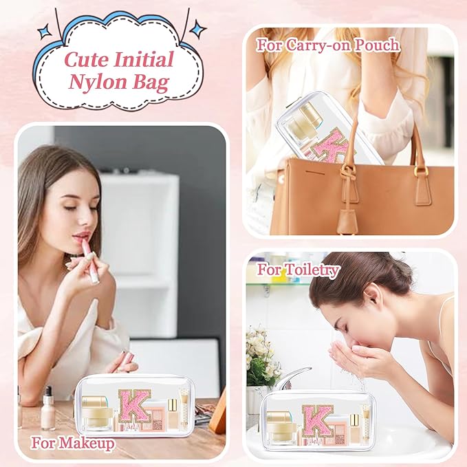 Small Clear Personalized Initial Makeup Bag,Nylon Preppy A-Z Chenille Letter Patch Cosmetic Pouch Beach Toiletry Bag,Waterproof Zipper Travel Purse Storage Bag Organizer for Women Girls(White-Pink K)