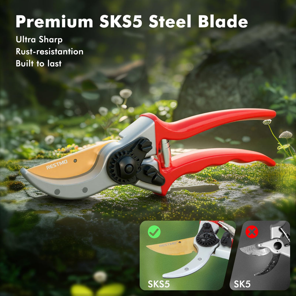 RESTMO Pruning Shears, 8.6 Inch, Titanium Blade, Bypass, Red