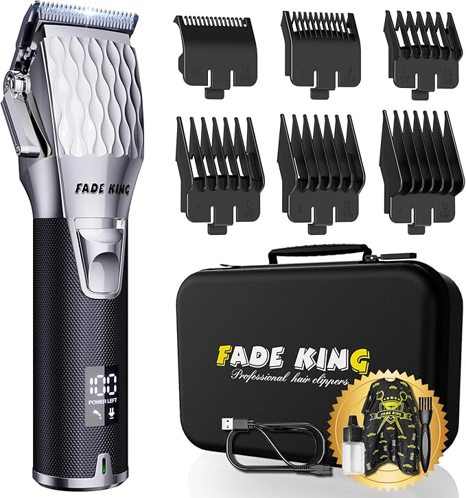 FADEKING Professional Hair Clippers for Men, Cordless Barber Clippers with LED Display, Rechargeable Hair Cutting Kit for Fade & Taper, Fathers Day Gift for Dad Men Husband (Silver+Black)
