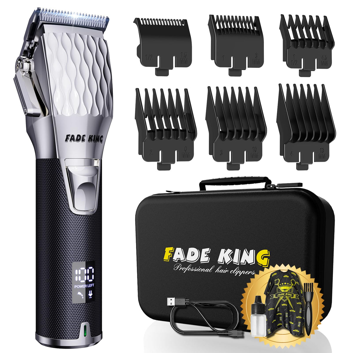 FADEKING Professional Hair Clippers for Men, Cordless Barber Clippers with LED Display, Rechargeable Hair Cutting Kit for Fade & Taper, Fathers Day Gift for Dad Men Husband (Silver+Black)