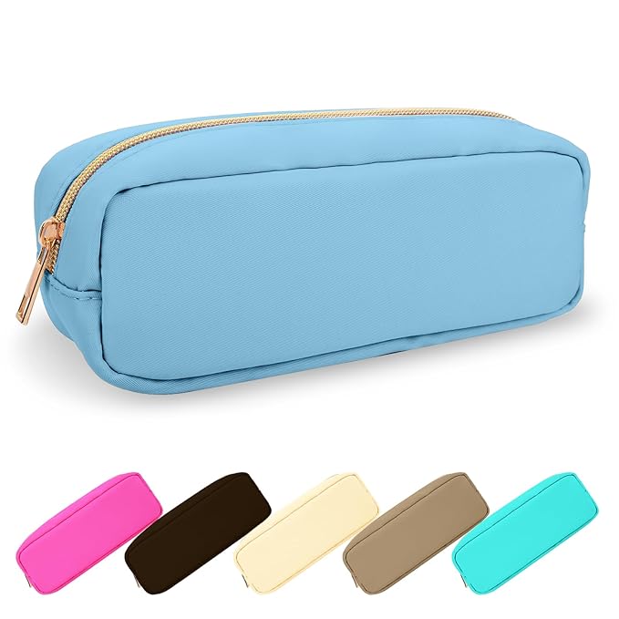 Small Pencil Case Makeup Bag for Purse, Cute Pencil Pouch Preppy Nylon Makeup Brush Bag with Zipper, Girls Portable Stationery Storage Case Small Pen Bag for Office School College(Slim-Periwinkle)
