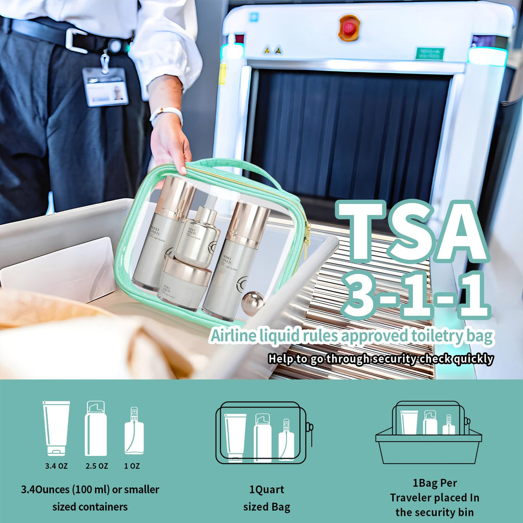 FAYORORY TSA Approved Travel Toiletry Bag,2 Pack Clear Makeup Bags with Handles,Quart Size Clear Cosmetic Bags for Traveling Women,Men,Carry on Airport Airline Compliant Bag,Green