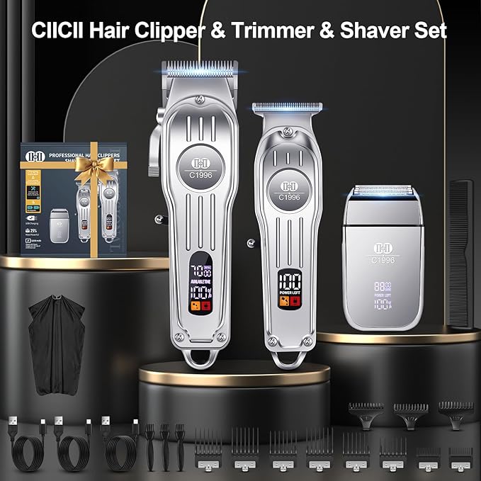 CIICII Mens Hair Clippers, Trimmer and Shaver Set, Cordless Barber Kit