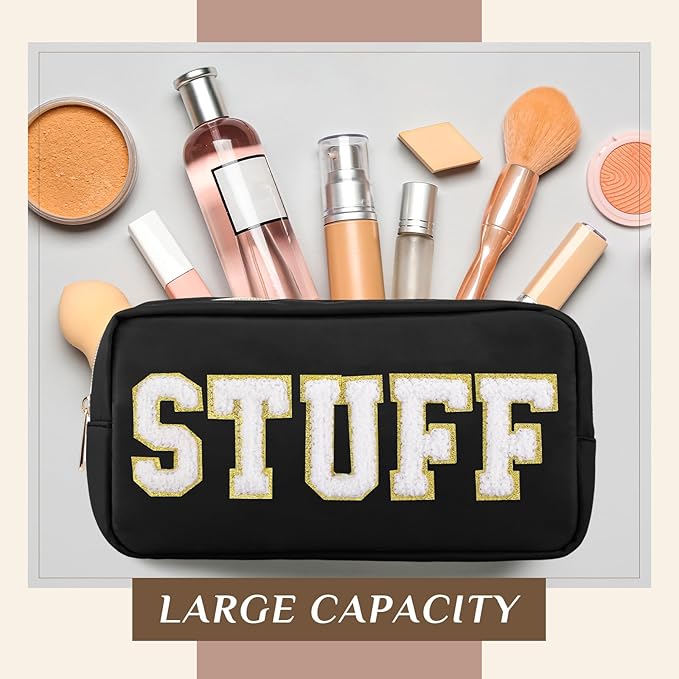 Cunno Preppy Makeup Bags Chenille Letter Stuff Bag Nylon Cosmetic Pouch Cases with Zipper for Women Travel Toiletry(Cute Color,Classic,4 Pcs)
