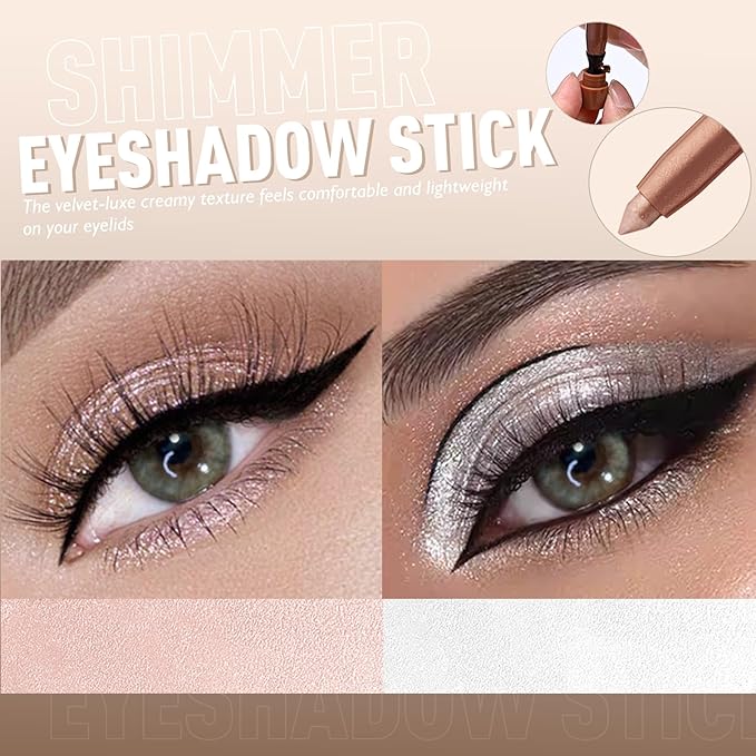 Wugbc 2 Colors Eyeshadow Stick Shimmer Glitter Eye Shadow Pencil Waterproof Eye Brightener Crayon Highlighter Eye Liner Pen Multi-Dimensional Buildable & Blendable High Pigmented Eyes Look Makeup, 1+3