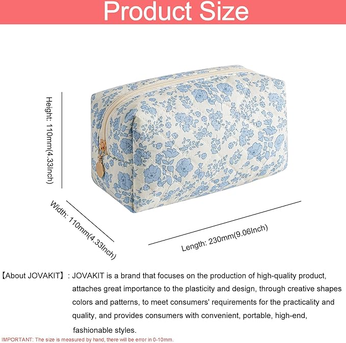 JOVAKIT Square Makeup Bag Cute Cosmetic Bag for Women, Floral Coquette Aesthetic Toiletry Bag, Zipper Make Up Pouch, Travel Make Up Organizer Bag (Blue+Bright Red Floral)