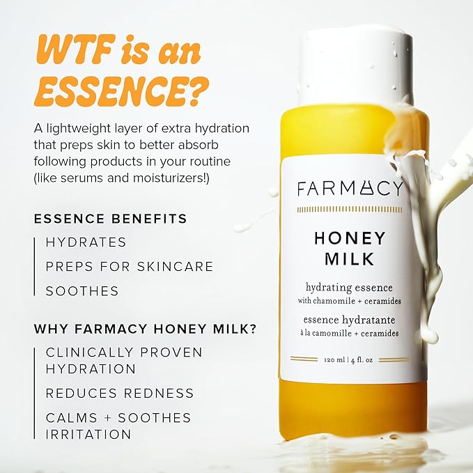 Farmacy Honey Milk Face Essence - Hydrating Milky Toner with Honey, Ceramides, Chamomile + Aloe - Helps Strengthen Skin Barrier + Replenish Moisture - Soothing + Calming Skincare (10ml)