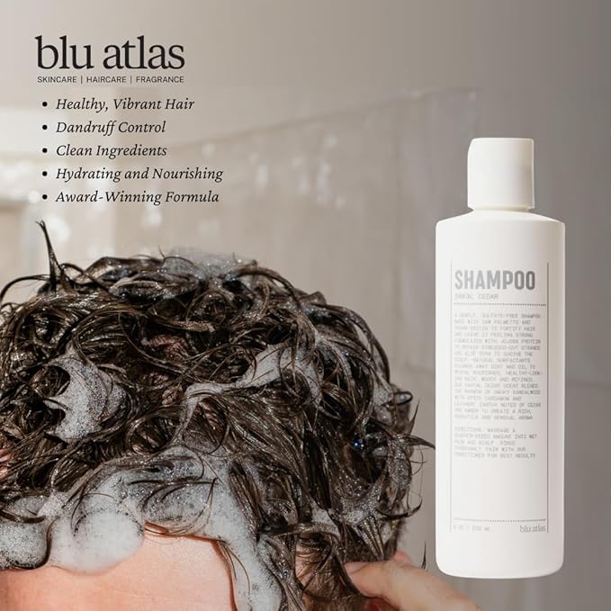 Blu Atlas Natural Shampoo for Men — Sulfate-Free for All Hair Types, 15 Ingredients, No Filler, Helps with Dandruff and Dry Scalp — Santal Cedar Scent, 8 oz