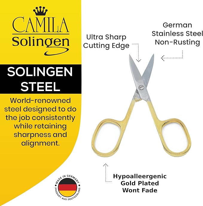 Camila Solingen CS02 3 1/2" Professional Hypoallergenic Gold Plated Manicure & Pedicure Sharp Curved Nail Cutting Scissors. Made of Durable Stainless Steel in Solingen, Germany