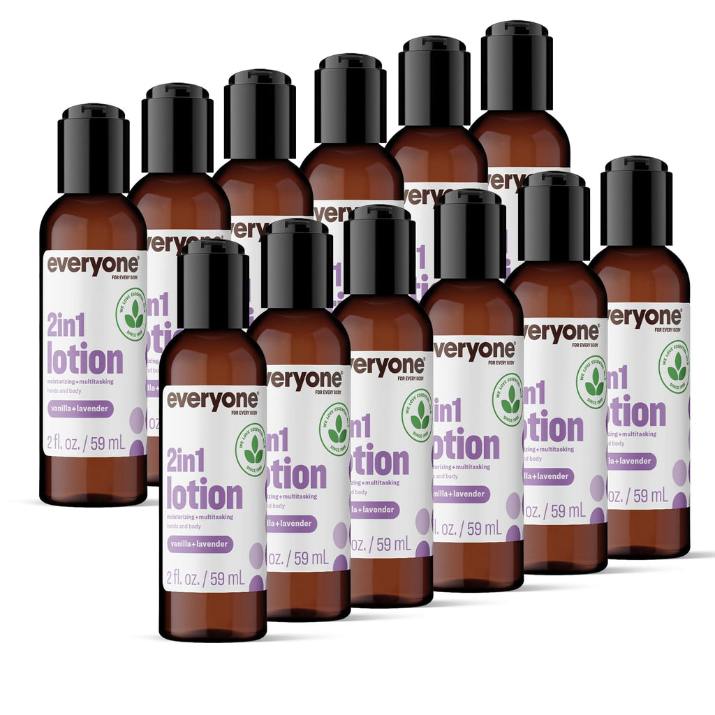 Everyone 2-in-1 Lotion for Hands/Body, Travel Size, 2 ounce (Pack of 12) Vanilla and Lavender made with Essential Oils for Men and Women