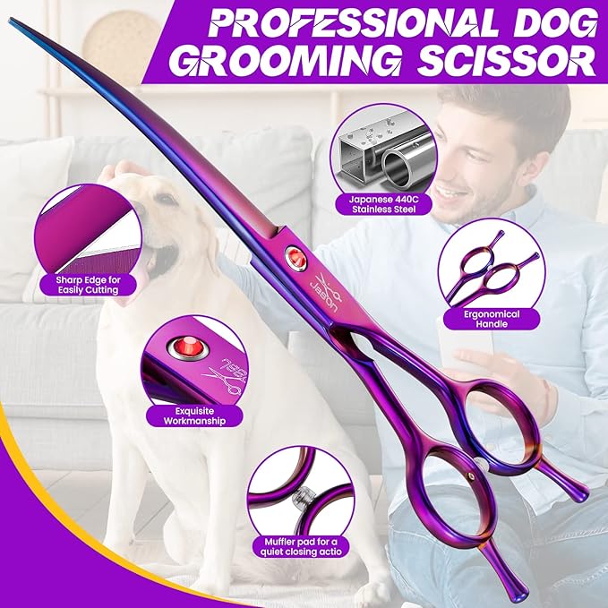 JASON Curved Dog Grooming Scissors - 7" Down-Curved Trimming Shears Purple