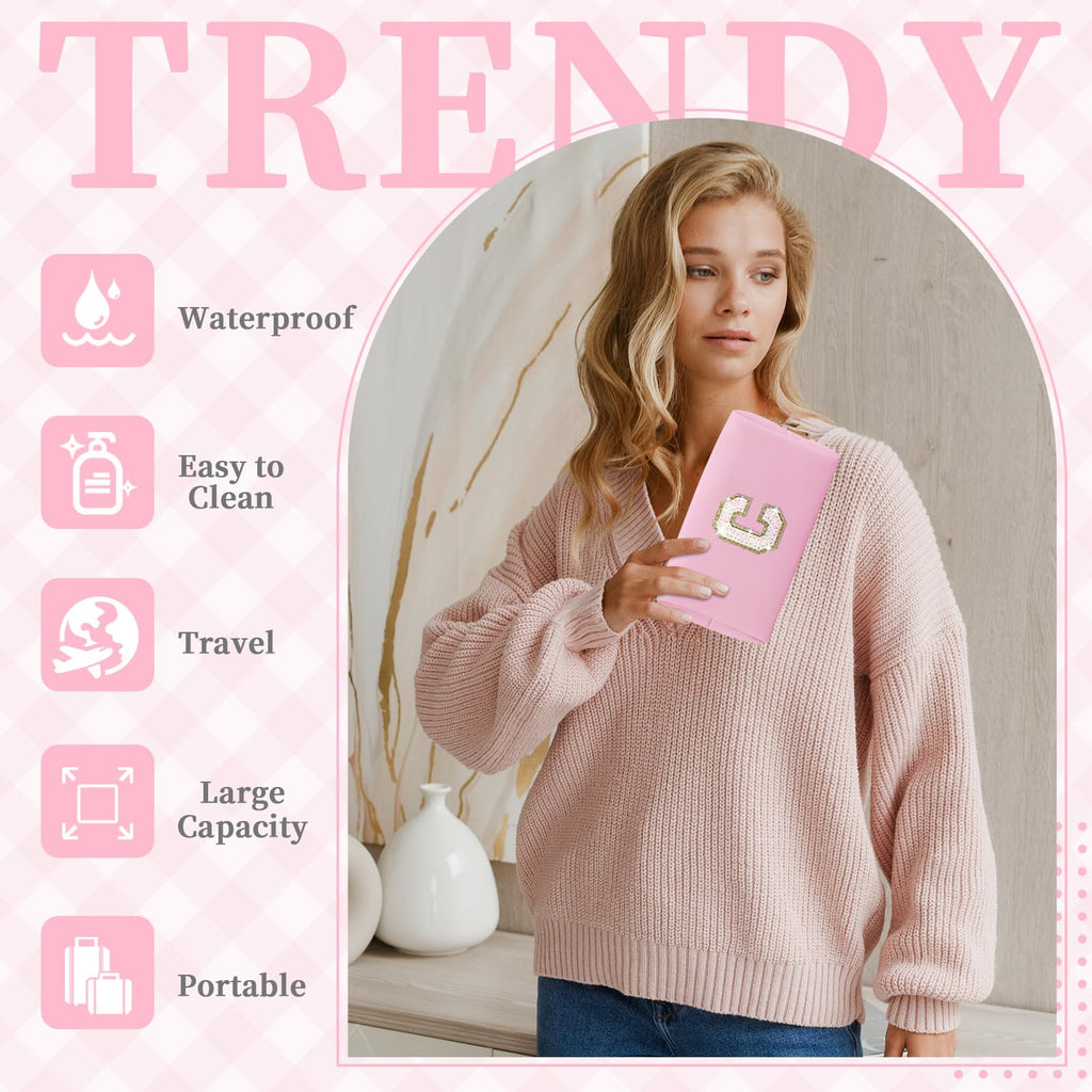 Small Personalized Initial A-Z Patch Makeup Bag,Pink Cute PU Leather Glitter Letter Cosmetic Bag for Teen Girls,Travel Toiletry Bag with Zipper,Preppy Monogrammed Birthday Gift for Daughter Niece C