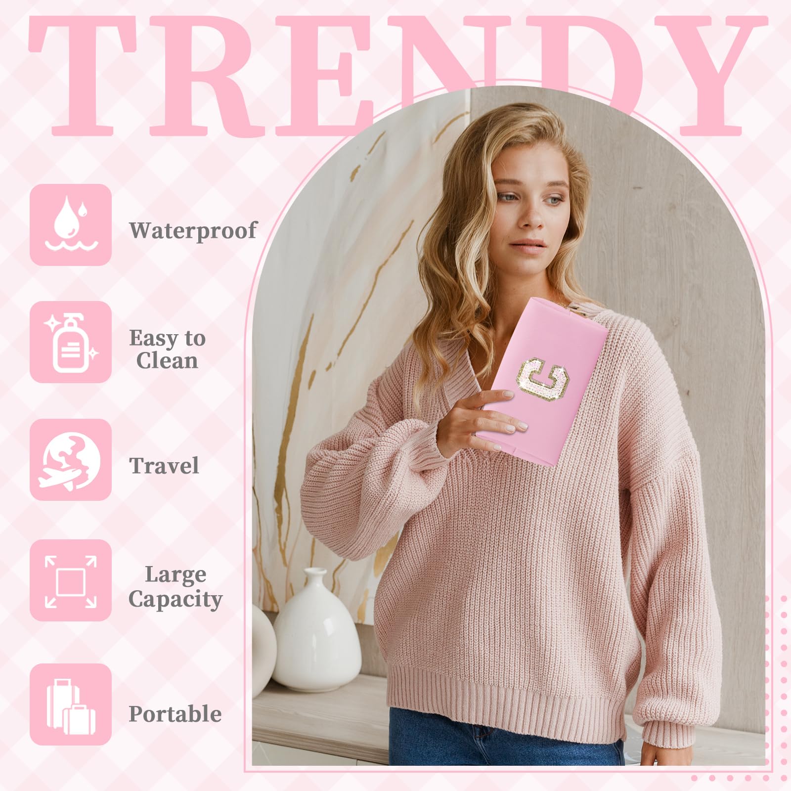 Small Personalized Initial A-Z Patch Makeup Bag,Pink Cute PU Leather Glitter Letter Cosmetic Bag for Teen Girls,Travel Toiletry Bag with Zipper,Preppy Monogrammed Birthday Gift for Daughter Niece C