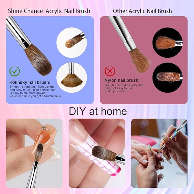 Shine Chance Acrylic Nail Brush Size 10, 100% Real Kolinsky Art Nail Brush for Acrylic Powder Application, Handmade Women Manicure Nail Extension Tool for Professional DIY Home Salon and Beginners