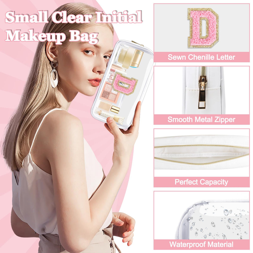 Small Clear Personalized Initial Makeup Bag,Nylon Preppy A-Z Chenille Letter Patch Cosmetic Pouch Beach Toiletry Bag,Waterproof Zipper Travel Purse Storage Bag Organizer for Women Girls(White-Pink D)