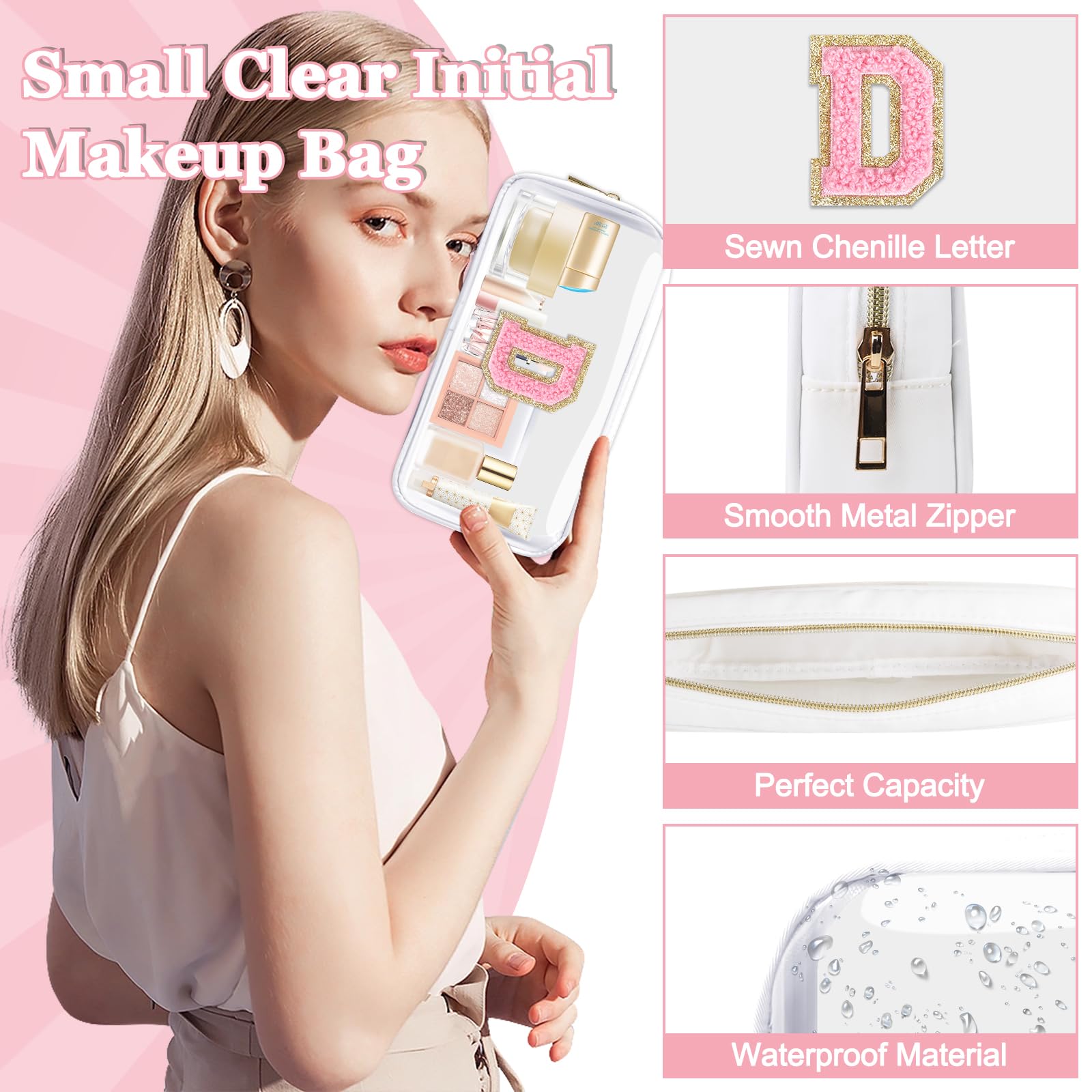 Small Clear Personalized Initial Makeup Bag,Nylon Preppy A-Z Chenille Letter Patch Cosmetic Pouch Beach Toiletry Bag,Waterproof Zipper Travel Purse Storage Bag Organizer for Women Girls(White-Pink D)