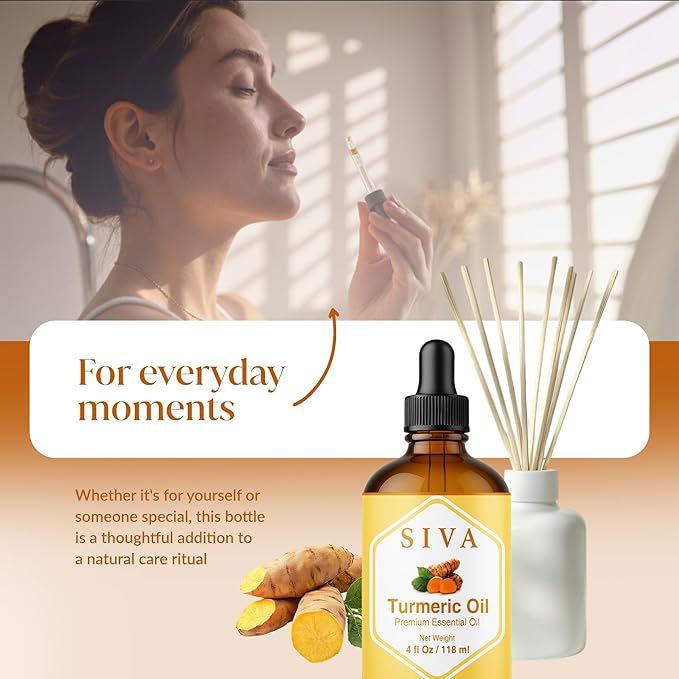 Siva Turmeric Essential Oil 4 Fl Oz – for Diffuser, Skin & Hair Care – Ideal for Massage & DIY Blends- with Dropper