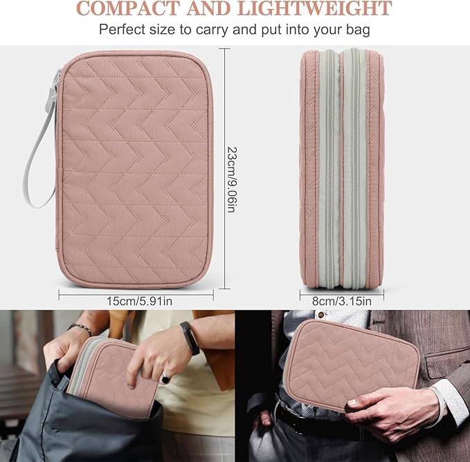 FYY Electronic Organizer, Travel Tech Pouch Bag, Large, Pink Quilted