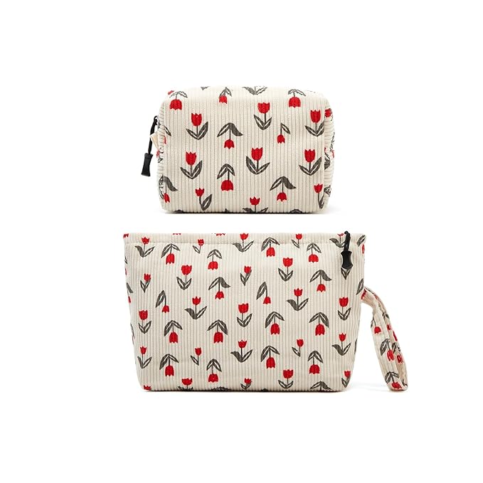 ZOEMTIU Makeup bag set small Cosmetic bag for women purse Corduroy Organizer with interior Pockets,cute Pencil zipper Pouch travel Toiletry Bag with handle(Tulip Red)