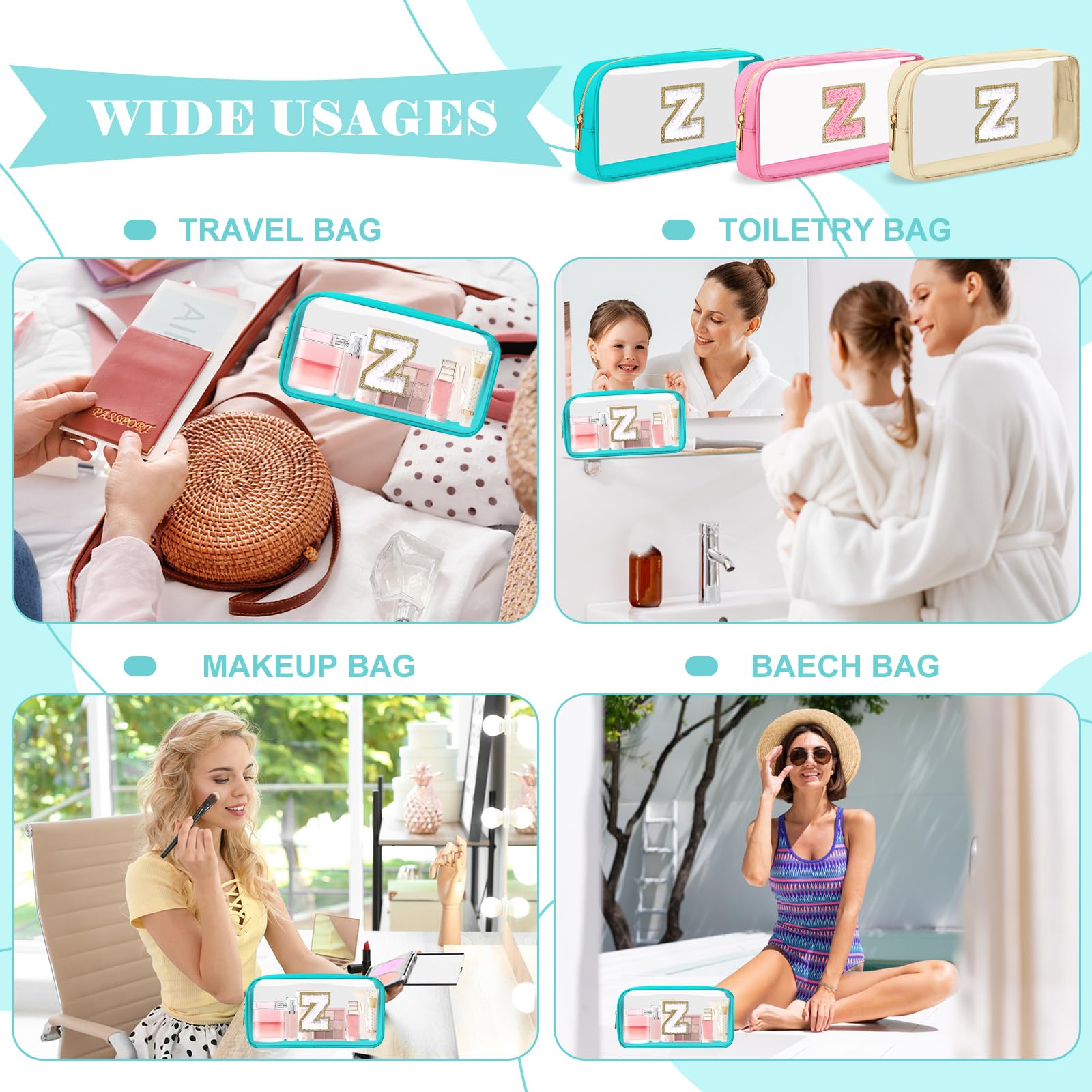 Personalized Initial Letter Clear Makeup Bag,Preppy Small Nylon&PVC Cosmetic Zipper Bag with Chenille Letter,Portable Beach Travel Skincare Toiletry Bag,Trendy Monogram Gift for Teen Girls Women,Z