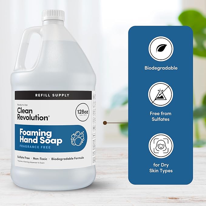 Clean Revolution Fragrance Free Foaming Hand Soap Refill, Moisturizing Sulfate-Free Hand Soap, Ready-to-Use Foam Soap Refill for Kitchen & Bathroom, Unscented (128oz, 4 Pack)