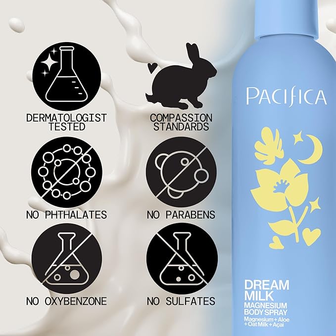 Pacifica Dream Milk Magnesium Spray for Sleep & Relaxation - Natural Magnesium Body Mist Infused with Lavender, Chamomile & Essential Oils, Vegan & Cruelty-Free, Clean Beauty, 8 fl oz