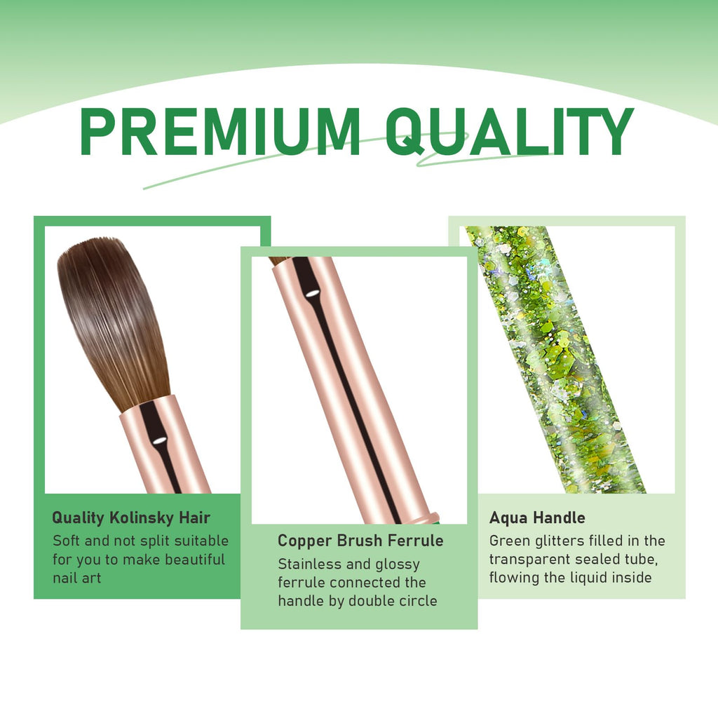 Acrylic Nail Brush Size #14, KEMEISI 100% Pure Kolinsky Nail Art Brushes Sturdy Handle Oval Shaped Acrylic Powder Nail Design Tools for Professional Manicure DIY Home Salon (Green)